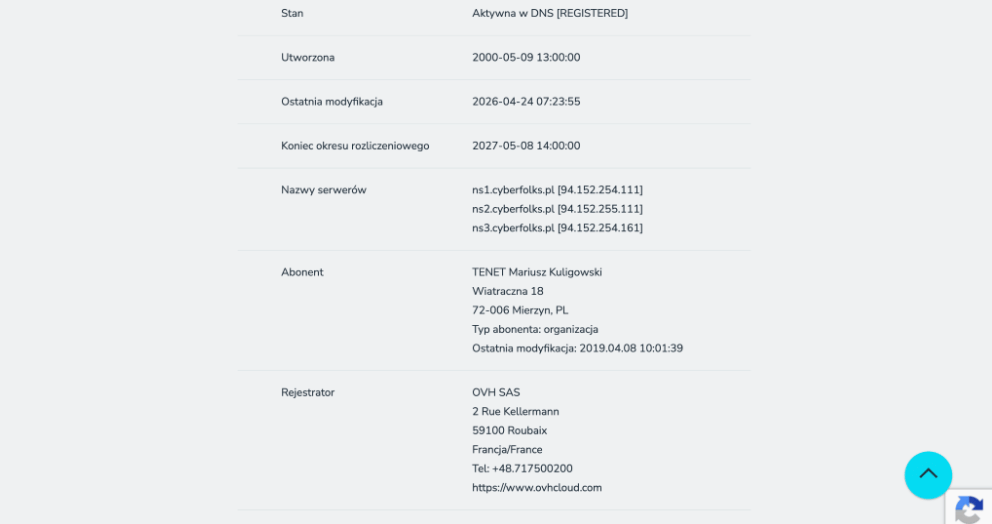Wpis WHOIS pokazujący, że domena prezydent.warszawa.pl nie jest zarejestrowana na m.st. Warszawę
