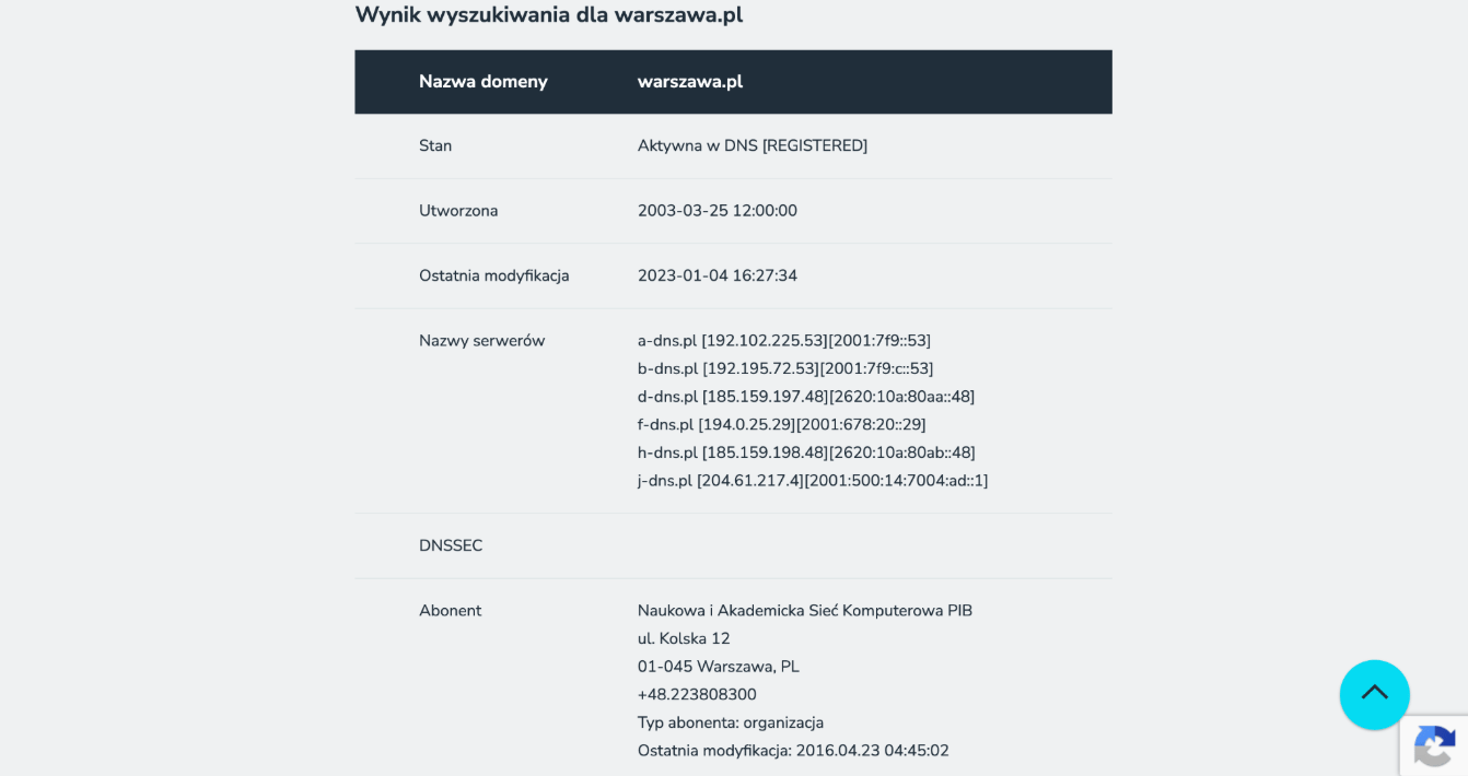 Wpis WHOIS pokazujący, że domena warszawa.pl jest zarejestrowana i obsługiwana przez NASK jako oficjalna domena miasta